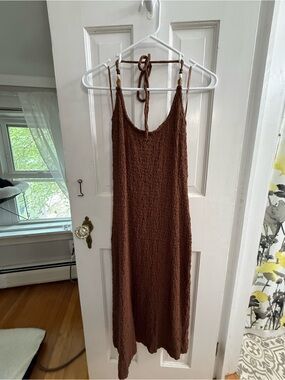 Old Navy Brown Textured Halter Midi Dress with Tie Straps